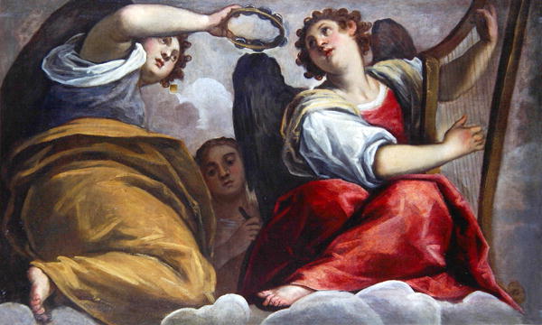 600x360 Musical Angels With A Cymbal And A Harp Painting Palma Il - Harp Painting