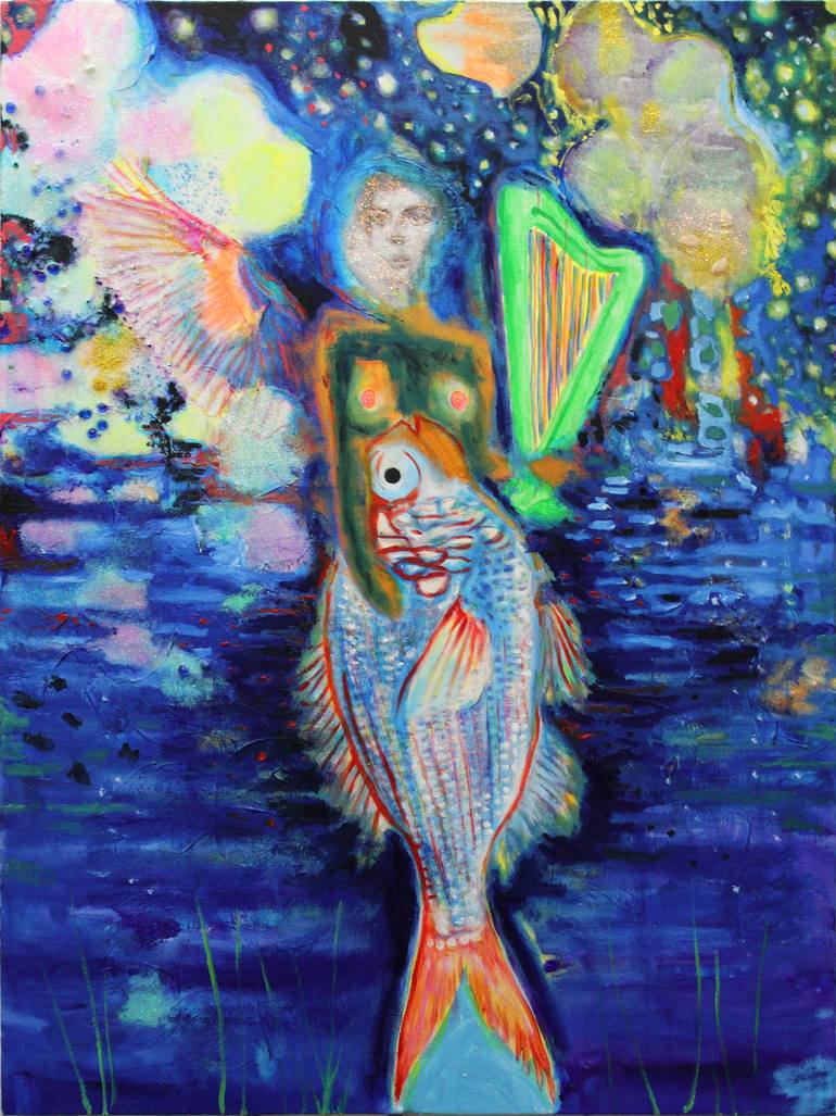 770x1027 Saatchi Art Winged Mermaid With Harp Painting By Chloe Moon - Harp Painting