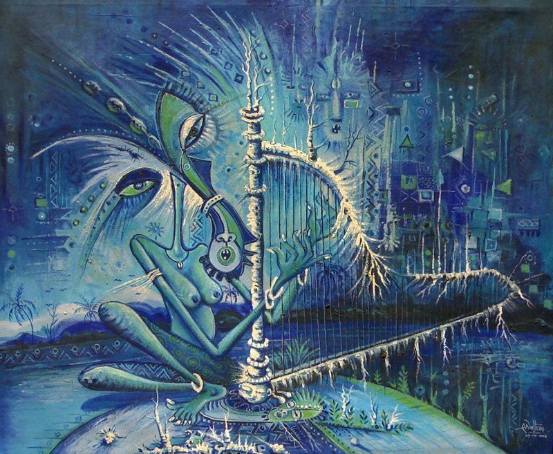 800x657 The Lady And The Harp Art Cameroon Paintings - Harp Painting