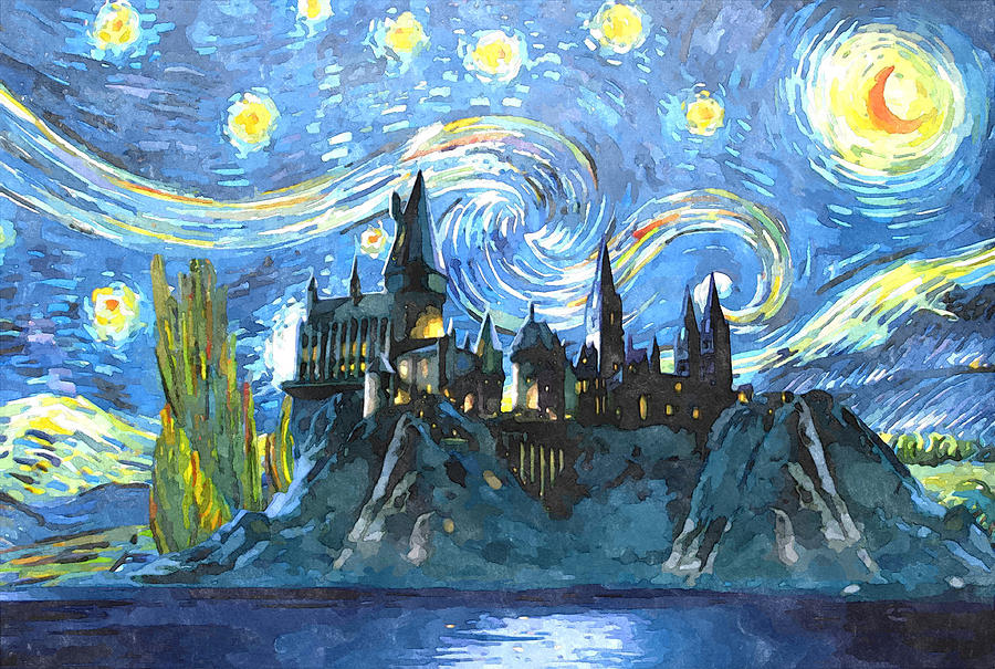 900x605 Harry Potter Starry Night Painting By Midex Planet - Harry Potter Hogwarts Painting