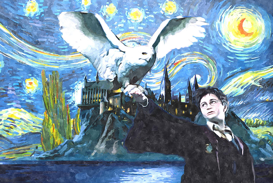 900x605 Harry Potter Starry Night With Owl Digital Art By Midex Planet - Harry Potter Starry Night Painting