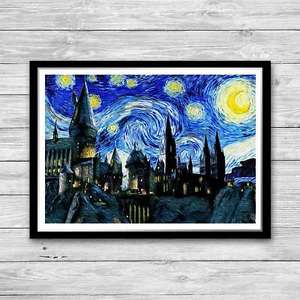300x300 Hogwarts Print Harry Potter Print Hogwarts Castle Vintage, Starry - Harry Potter Starry Night Painting