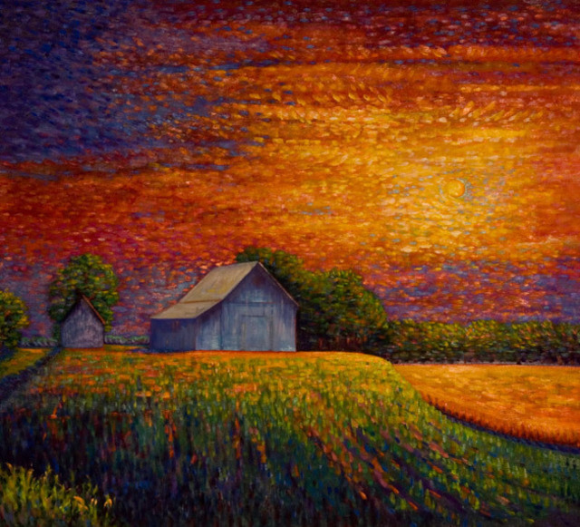 640x581 John Domont Artwork Harvest Moon Rising Original Painting Oil Art - Harvest Moon Painting