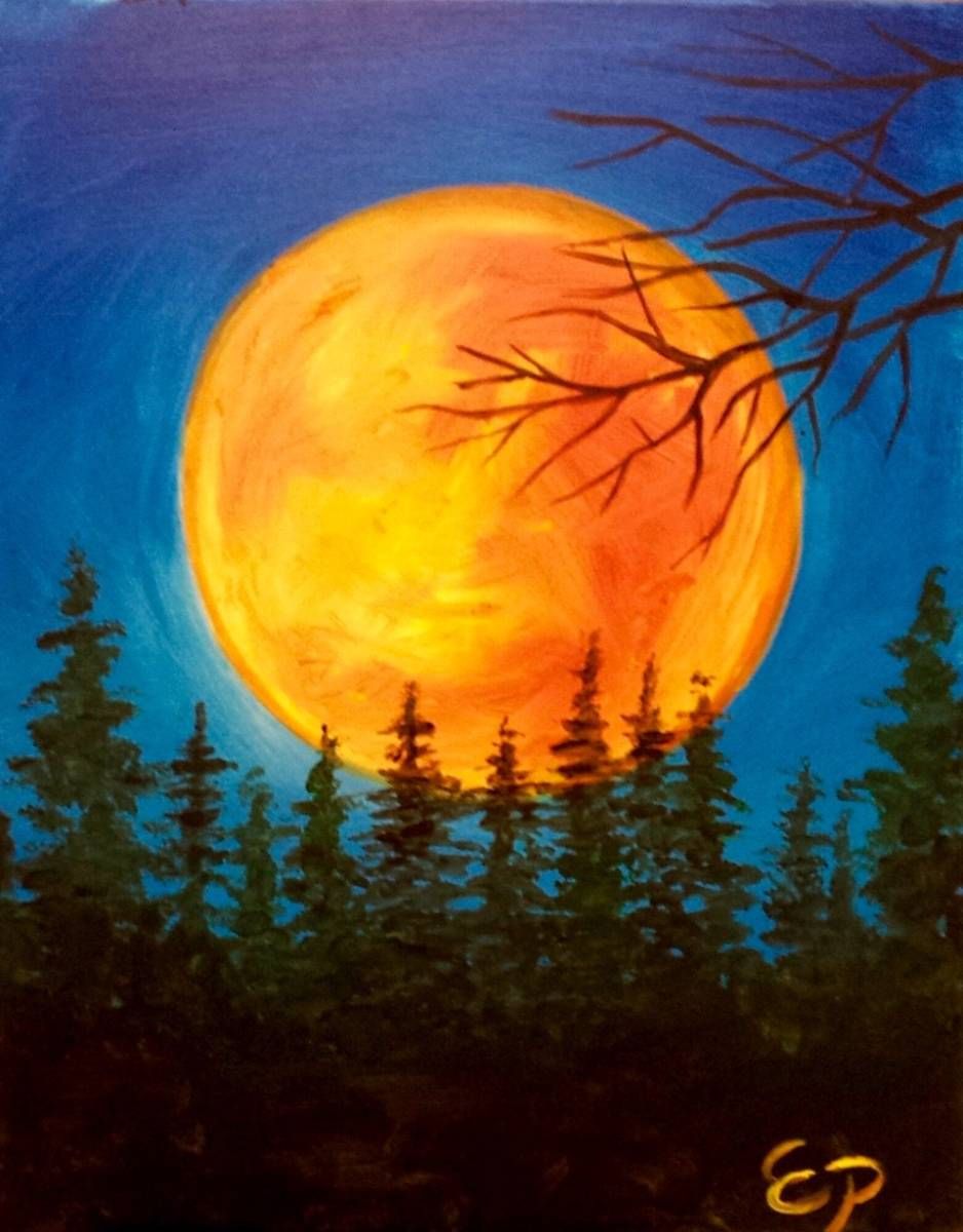 938x1200 Painting Idea. Gorgeous Huge Golden Sun Behind The Evergreens - Harvest Moon Painting