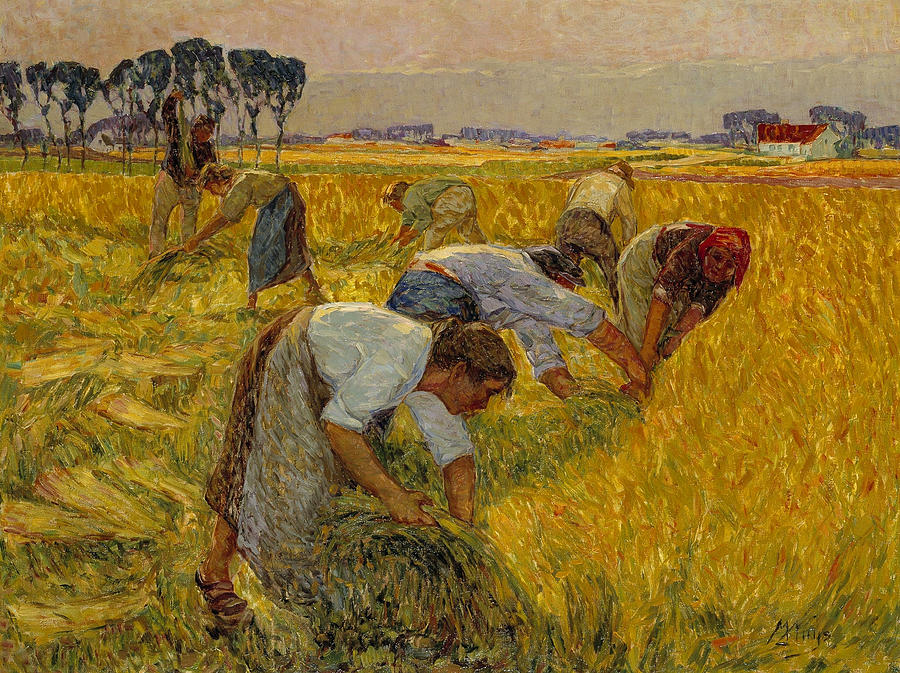 900x673 Flax Harvest Painting By Modest Huys - Harvest Painting