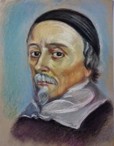 390x500 The Great Physicians William Harvey Portrait By Flora Rumelioti - Harvey Painting