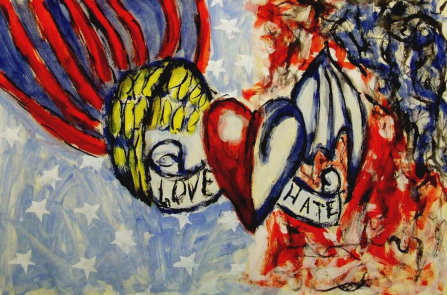 900x595 Love And Hate Angel And Devil American Hearts And Flags With Wings - Hate Painting