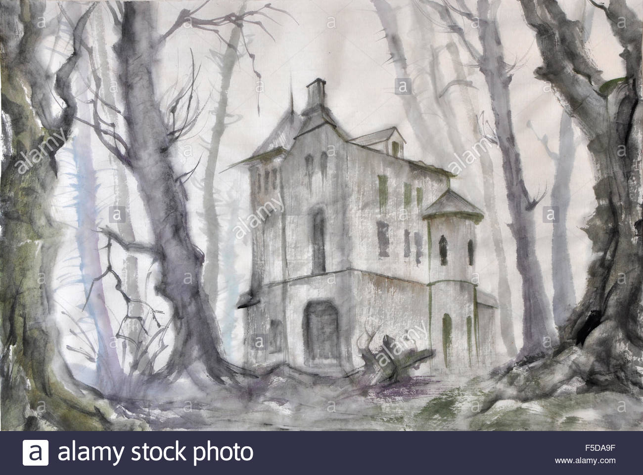 1300x961 Haunted Castle In The Autumn Bare Tree Forest, Original Watercolor - Haunted Forest Painting