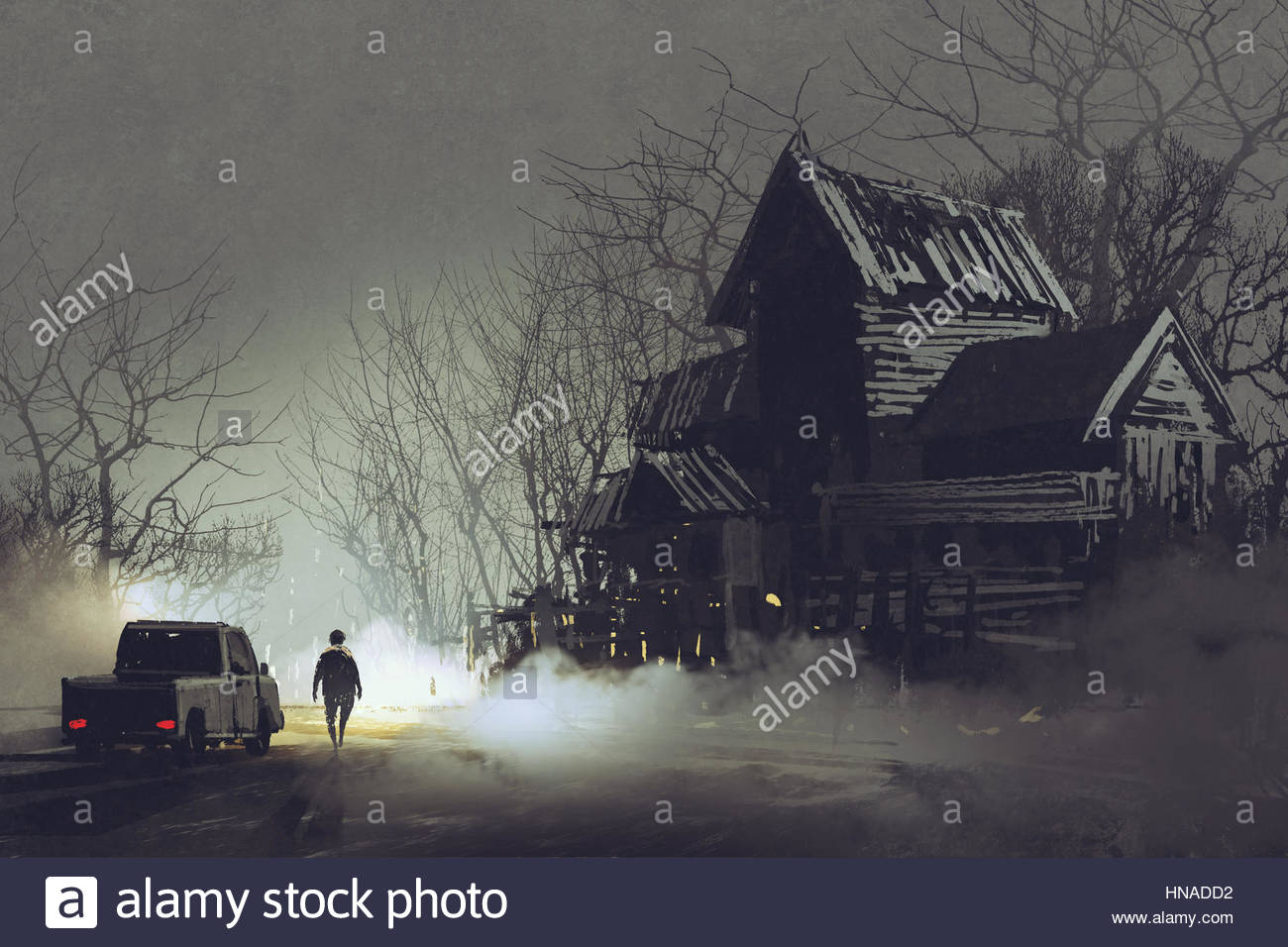 1300x956 Niight Scene Of Truck Driver And Abandoned Haunted Old House - Haunted Forest Painting