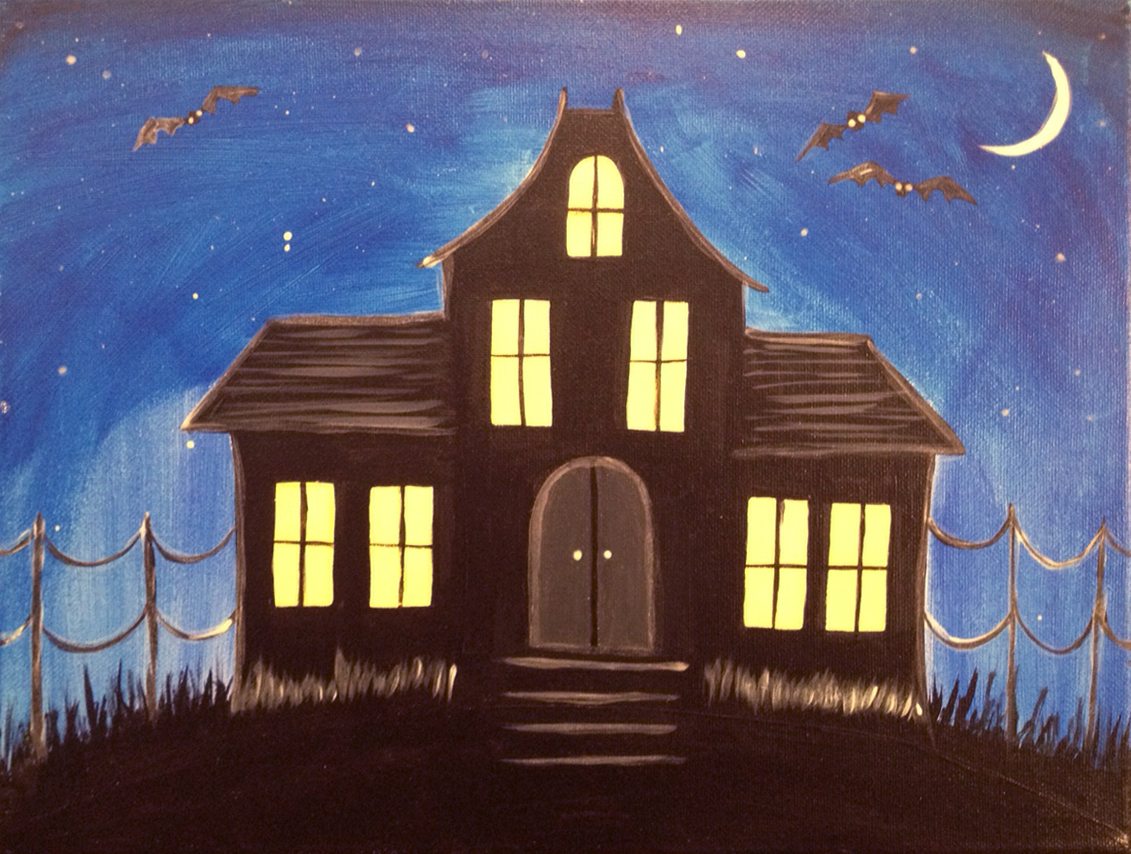 1131x854 Glow In The Dark Haunted House Tilted Canvas Paint Party - Haunted House Painting
