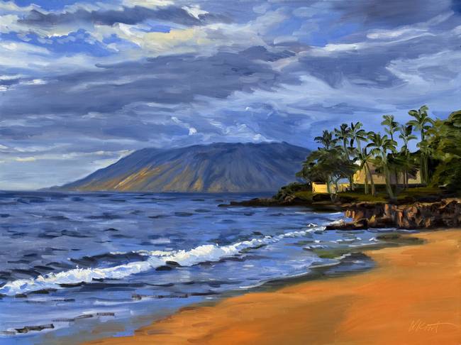 650x486 Hawaii Beach Sunset Painting With Ocean Waves At W By Warren Keating - Hawaii Painting