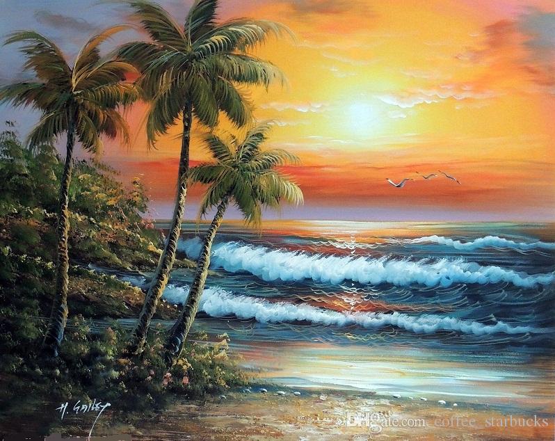 798x634 2018 Framed Hawaii Sunset Surf Beach Palm Trees Sand,hand Painted - Hawaii Painting