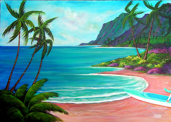 576x411 Seascape Hawaiian Beach Art Print, Hawaiian Beach Art Painting - Hawaii Painting