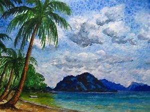300x225 Watercolor Painting Ocean Hawaii Palm Tree Beach Nature Aceo Art - Hawaii Painting