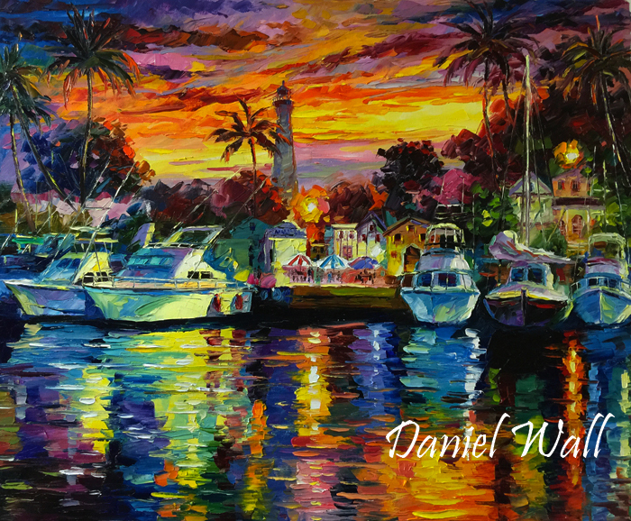 700x578 Daniel Wall Artwork Hawaii Fishing Harbor At Dusk Original - Hawaii Painting