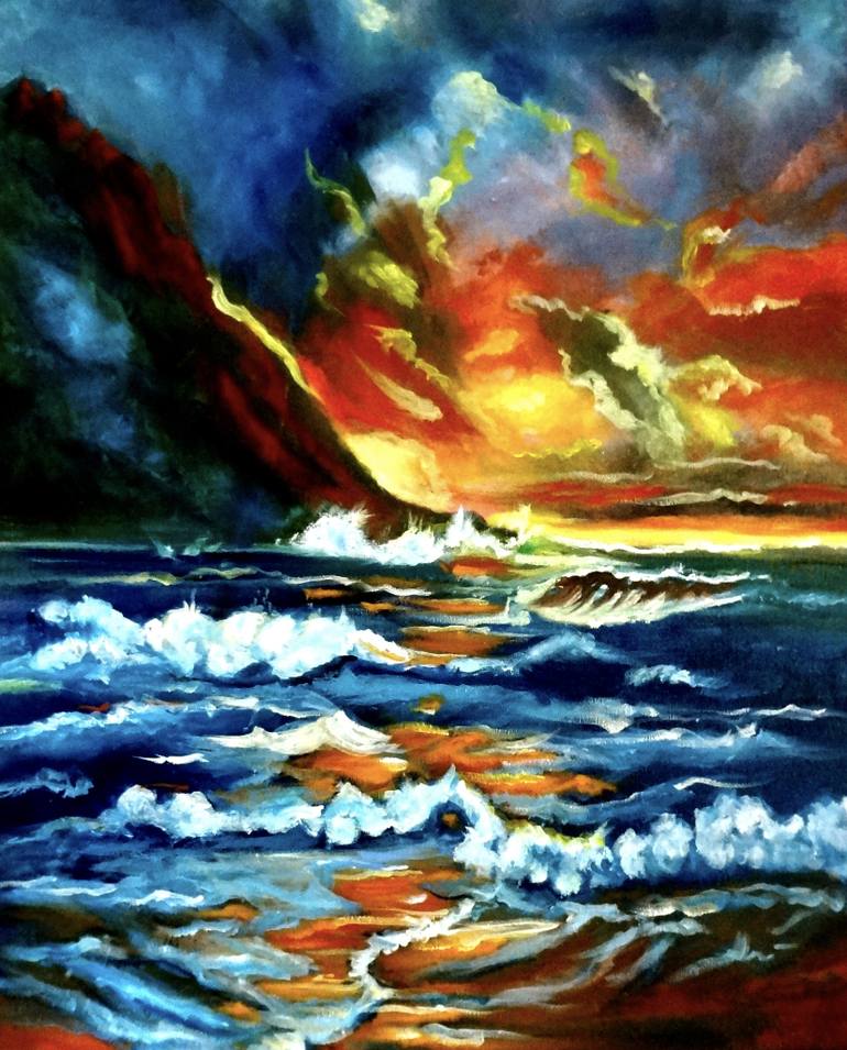 770x955 Saatchi Art Fiery Hawaiian Sunset Ready To Hang Painting By Jenny - Hawaiian Sunset Painting