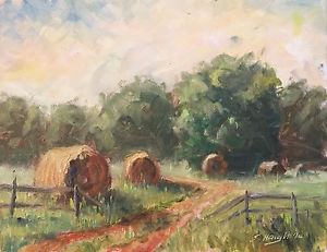 300x231 Original Oil Painting Hay Bales Farm Field Fence Indiana Sunset - Hay Bale Painting