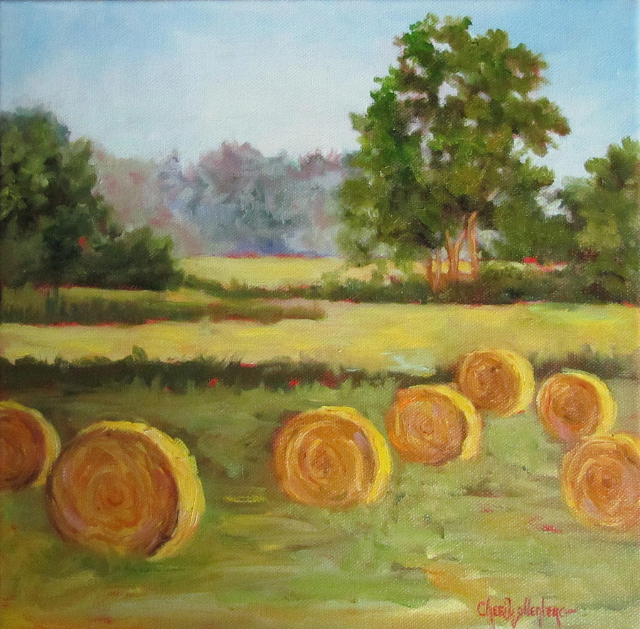 900x885 Painting Of Round Hay Bales Painting By Cheri Wollenberg - Hay Bale Painting