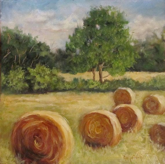 570x566 Original Landscape Oil Painting Of Round Bales Of Hay Ii Canvas - Hay Painting