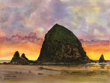 384x288 Carol Thompson's Sunset At Haystack Rock Watercolor Painting Page - Haystack Rock Painting