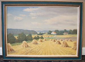 300x218 Willy Dannerfjord (1904 1961) Original Oil Painting Haystacks Farm - Haystacks Painting