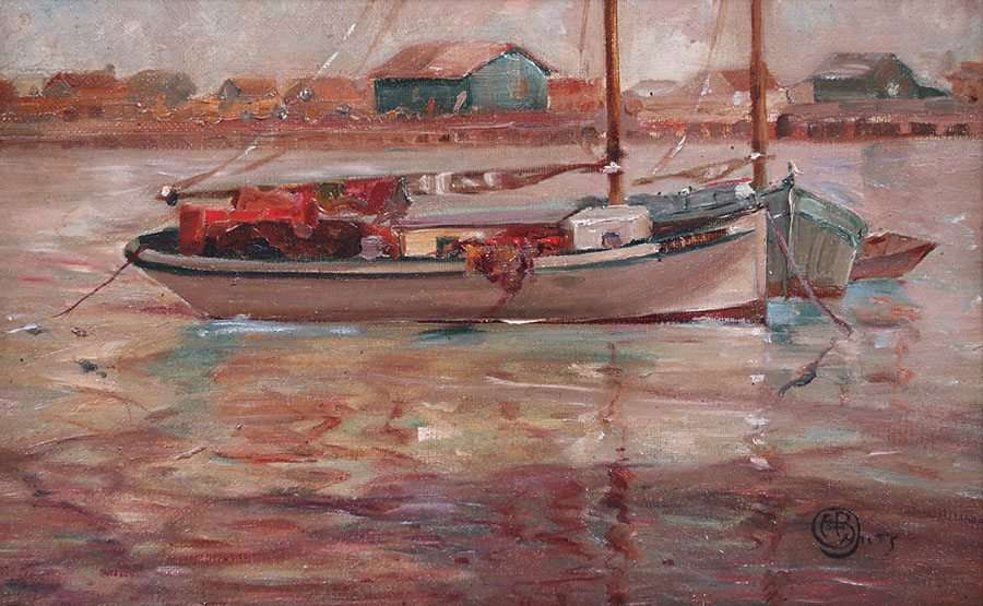 900x555 H. B. Miles Harbor Scene Painting C1910 California Historical Design - Hb Painting