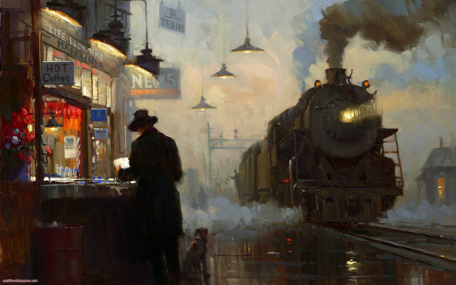 1920x1200 Train Station Painting Hd Wallpaper Hd Latest Wallpapers - Hd Painting