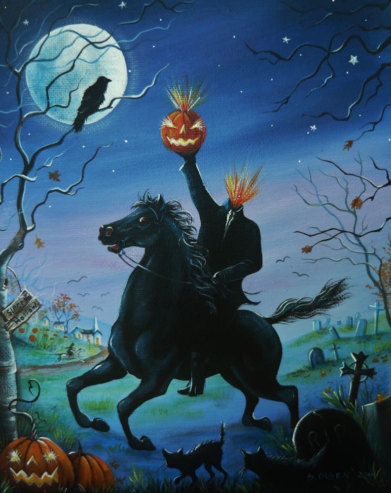 793x1000 Ooak Original Halloween Headless Horseman Sleepy Hollow Cat Raven - Headless Horseman Painting