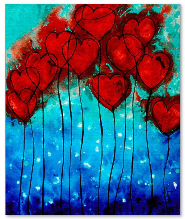 700x830 Romantic Heart Art Print Hearts On Fire Love Red And Blue Flower - Heart Painting On Canvas