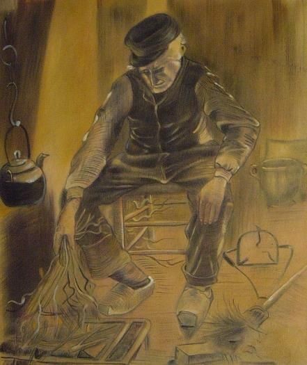 441x525 The Old Man Putting Dry Rice On The Hearth Oil Painting - Hearth Painting