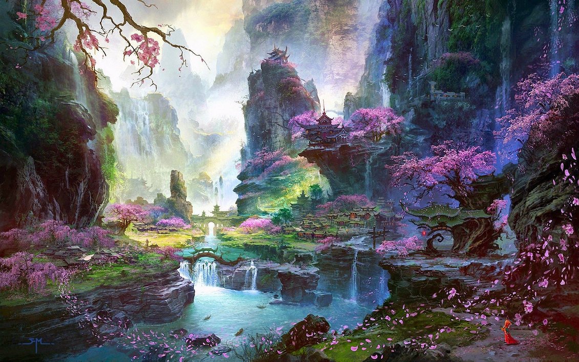 1131x707 Fantastic World Painting Oriental Spring Landscape By Heavenly - Heavenly Painting