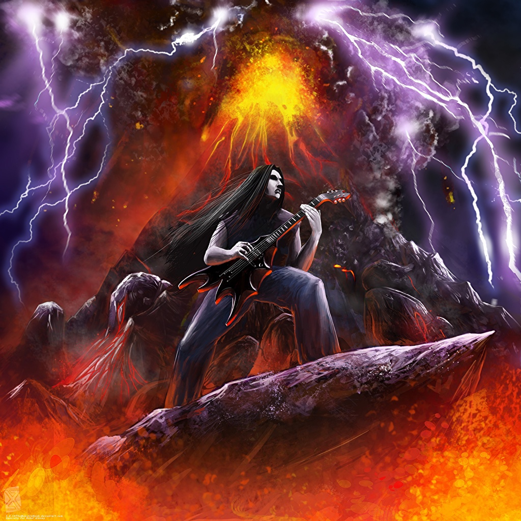 1024x1024 Picture Guitar Volcano Heavy Metal Lightning Music Painting Art - Heavy Metal Painting