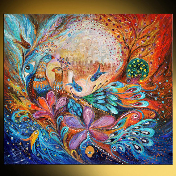 570x570 Original Canvas Painting Birds Pomegranates Hebrew Words - Hebrew Painting