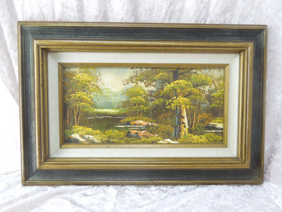 570x428 Vintage Oil Painting On Board Forest Pond Landscape Scene - Hecho En Mexico Painting