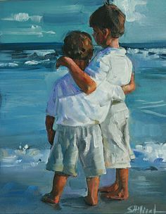 236x304 Acrylic Painting 8 X 10 Two Boys On A Beach Sibling By Lucelleraad - Hein Brothers Painting