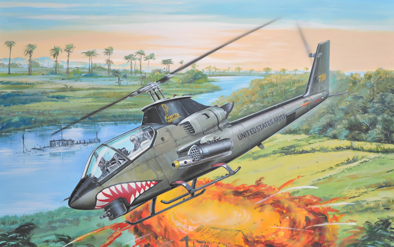 1280x803 Image Helicopters Bell Ah 1g Huey Cobra Vietnam War Painting Art - Helicopter Painting
