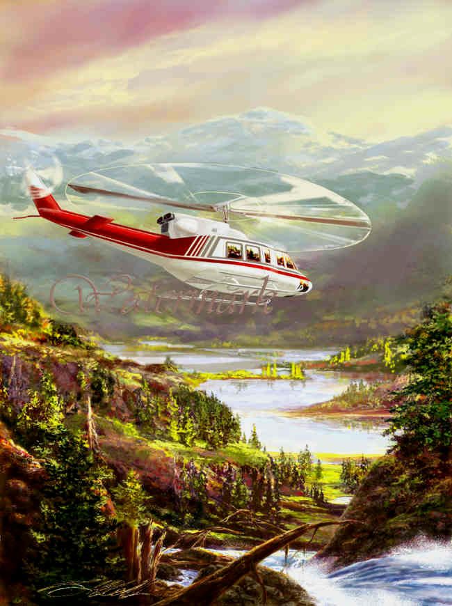 650x870 Bell 212 Helicopter, Art Rendering, Canadian Morning Okanagan Vall - Helicopter Painting