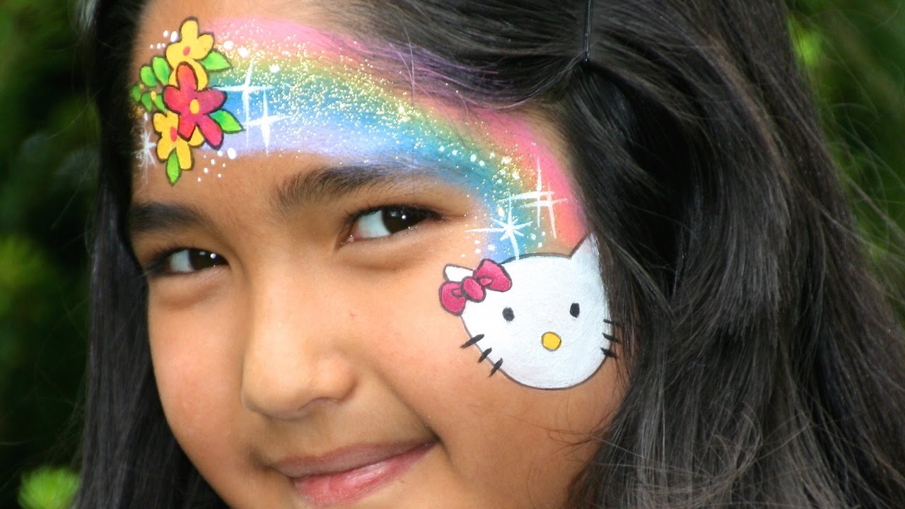 1280x720 Hello Kitty Face Painting Tutorial And Rainbow Makeup - Hello Kitty Face Painting
