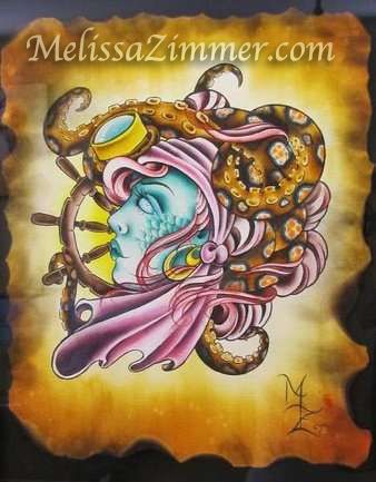 338x433 Melissazimmerlady Of The Sea Pirate Octopus Gypsy Watercolor - Helm Painting