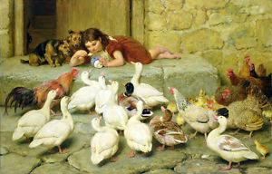 300x192 Oil Painting Briton Riviere Nice Little Girl Feeding Poultry Hen - Hen And Chicks Painting