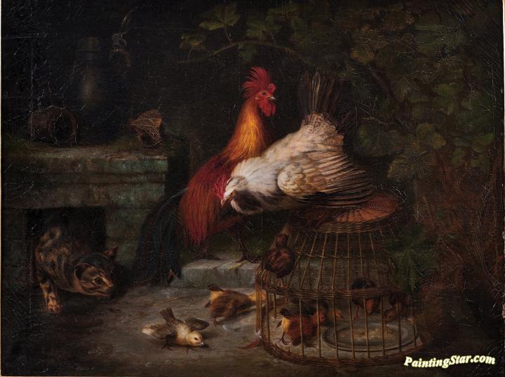 720x537 Rooster, Hen, Chicks And Cat Artwork By Christian August Printz - Hen And Chicks Painting
