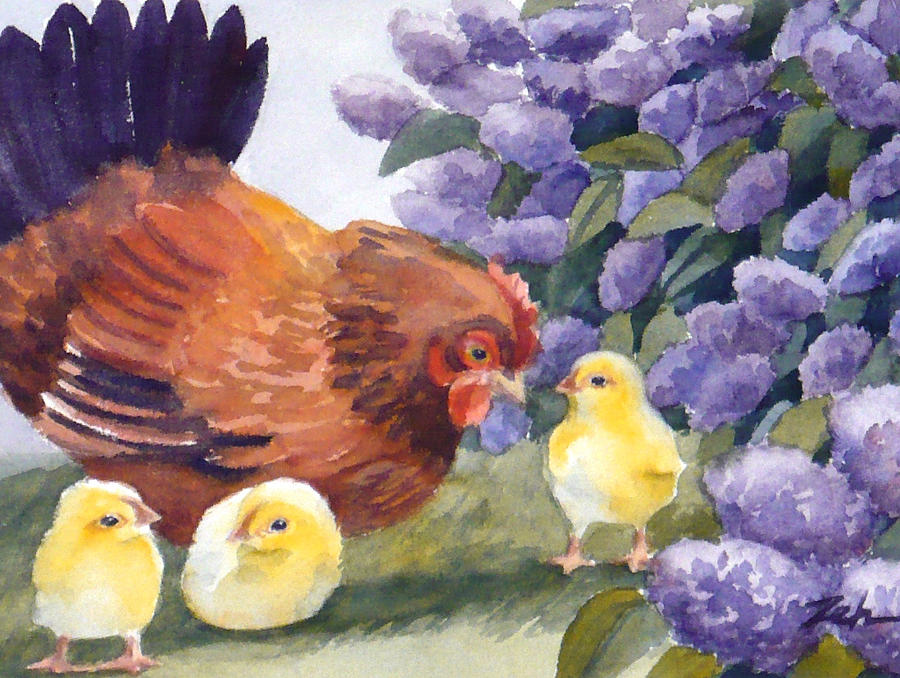 900x678 Hen And Chicks Among The Lilacs Painting By Janet Zeh - Hen Painting