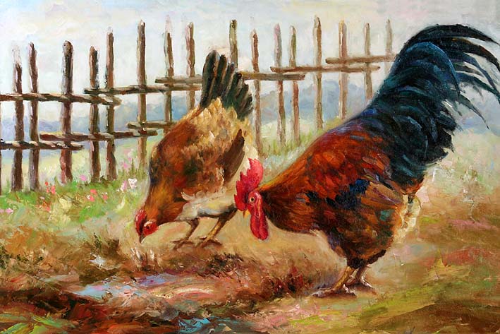 709x473 Hen And Rooster - Hen Painting