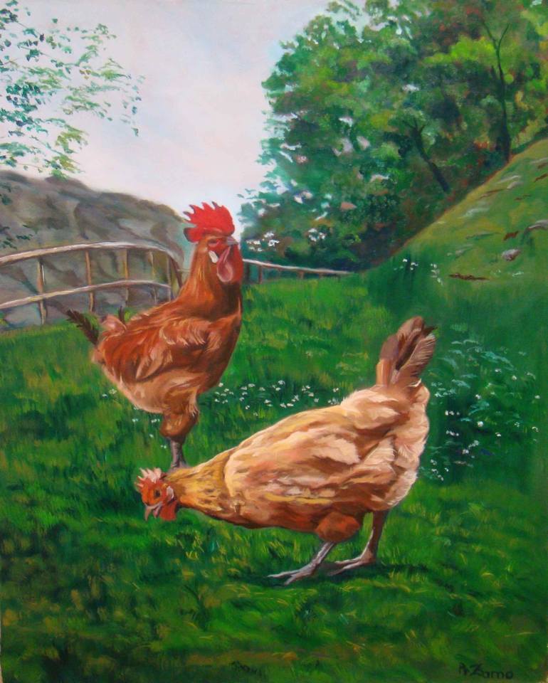 770x960 Saatchi Art Cockerel And Hen Painting By Anne Zamo - Hen Painting
