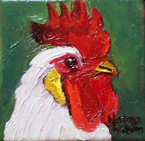 600x583 White Rooster Head Chicken Hen Art By Artist Norma Wilson, - Hen Painting