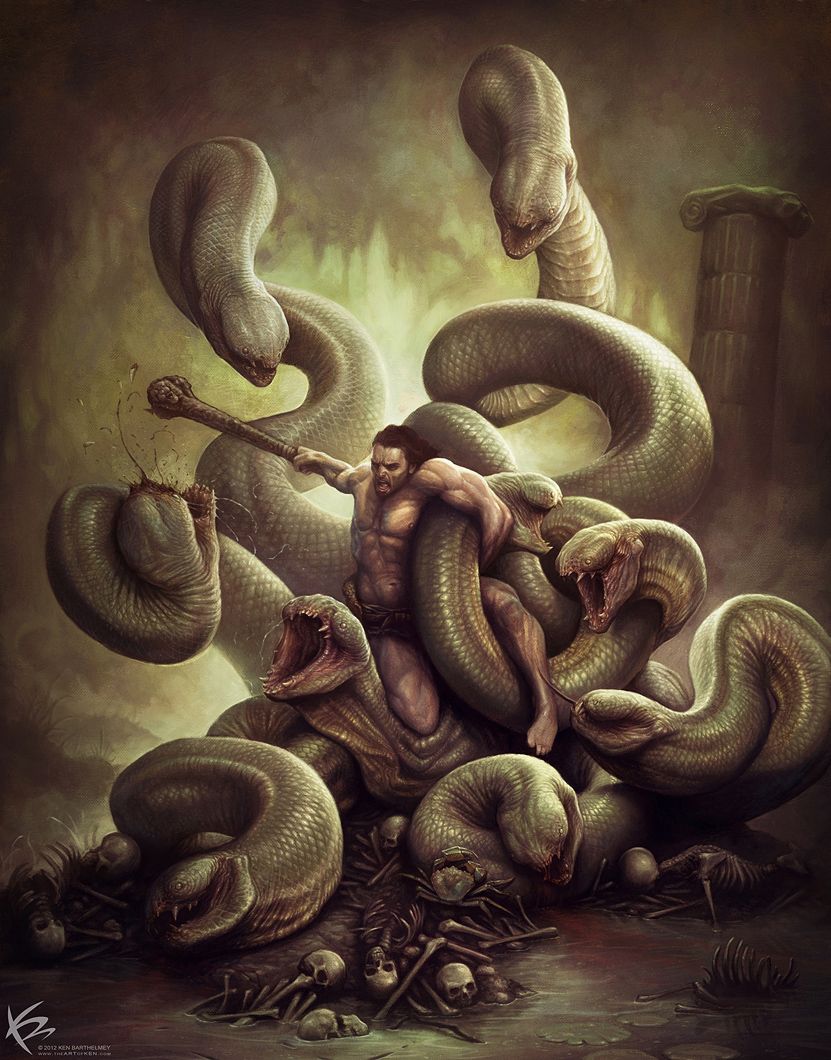 831x1060 Hercules Paintings Hercules Vs Hydra By Kenbarthelmey Digital - Hercules And The Hydra Painting