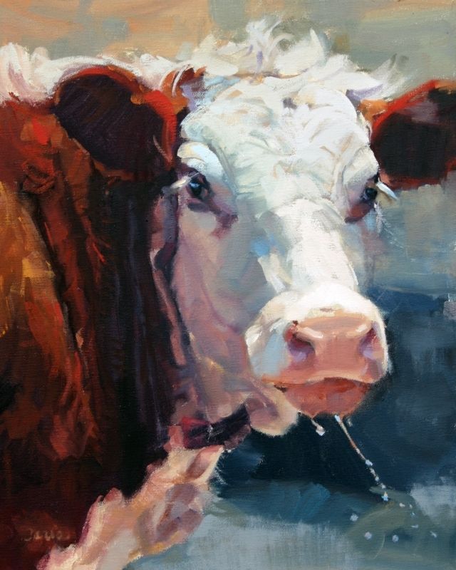 640x800 Hereford Cattle Cool Drink On A Hot Day By Daria Shachmut Oil 20 - Hereford Cow Painting