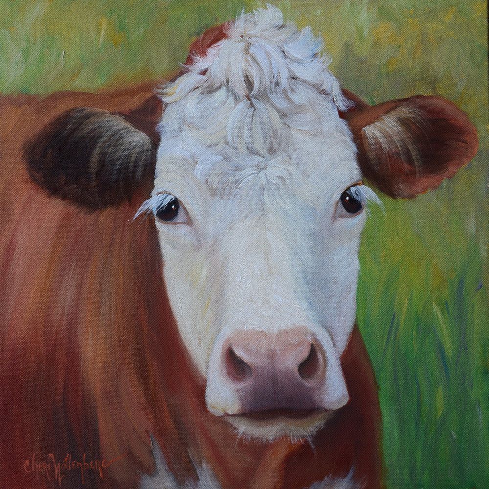 1000x1000 Hereford Cow Painting, Hattie,oil On Canvas Original Art By Cheri - Hereford Cow Painting