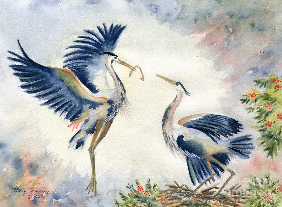 900x662 Great Blue Heron Couple Painting By Melly Terpening - Heron Painting