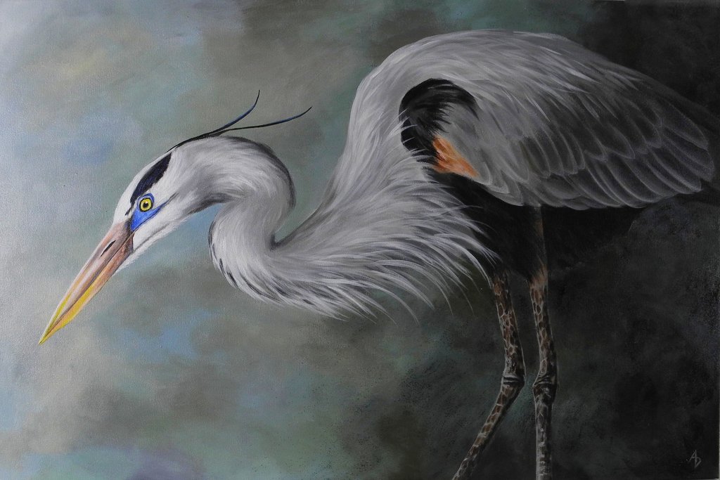 1024x683 Great Blue Heron Painting, Large Original Wildlife Art By Ashley - Heron Painting